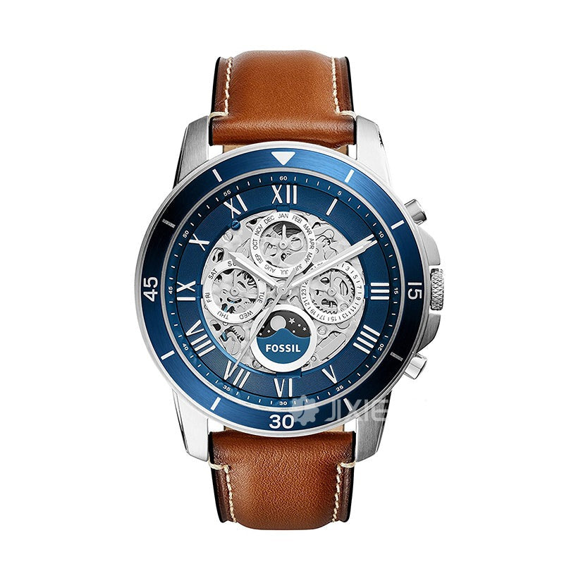 Fossil Grant Sport Automatic Skeleton Blue Dial Brown Leather Strap Watch for Men - ME3140 Watches Fossil   