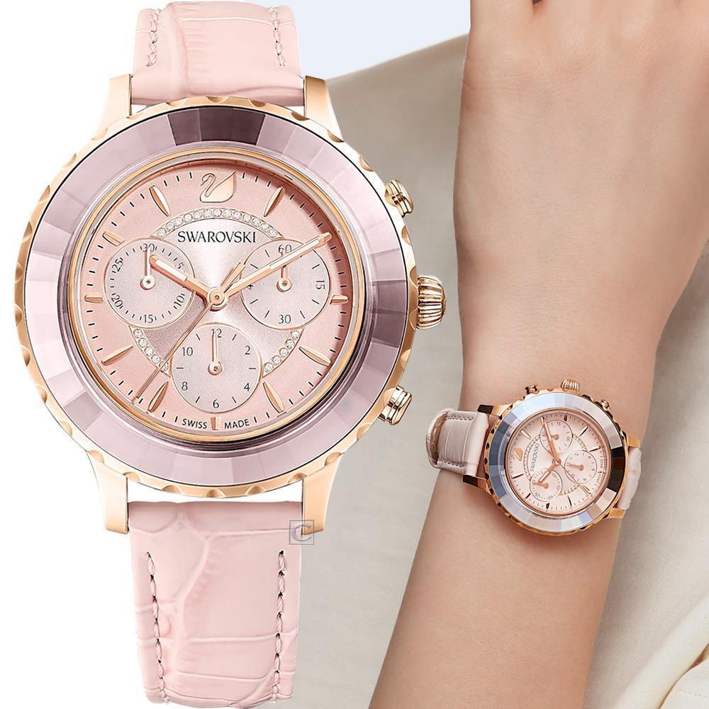 Swarovski Octea Lux Chrono Pink Dial Pink Leather Strap Watch for Women - 5452501 Watches Swarovski   