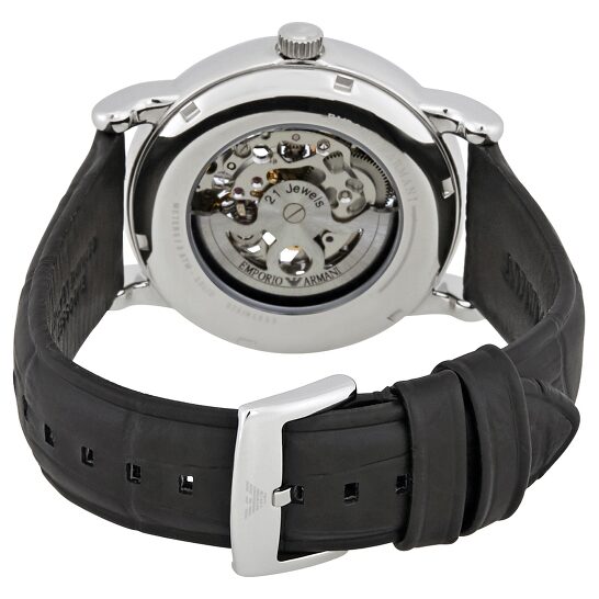 Emporio Armani Luigi Silver Skeleton Dial Black Leather Strap Watch For Men - AR1981 Watches Emporio Armani   