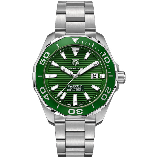 Tag Heuer Aquaracer Calibre 5 Green Dial Silver Steel Strap Watch for Men - WAY201S.BA0927 Watches Tag Heuer   