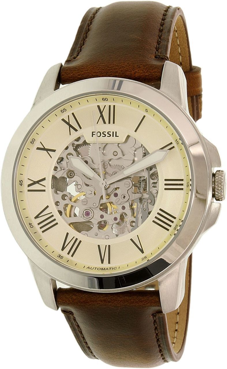 Fossil Grant Automatic Beige Skeleton Dial Brown Leather Strap Watch for Men - ME3099 Watches Fossil   