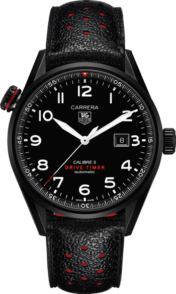 Tag Heuer Carrera Calibre 5 Drive Timer Black Dial Black Leather Strap Watch for Men - WAR2A80.FC6337 Watches Tag Heuer   