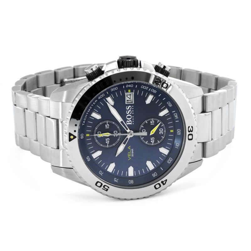 Hugo Boss Vela Chronograph Diver Blue Dial Silver Steel Strap Watch for Men - 1513775 Watches Hugo Boss   