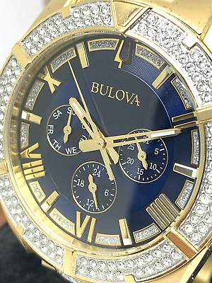 Bulova Crystal Collection Blue Dial Gold Steel Strap Watch for Men - 98C128 Watches Bulova   