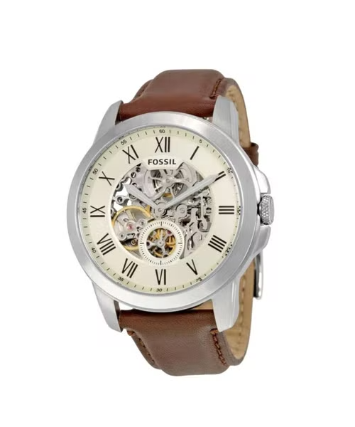 Fossil Grant Automatic White Dial Brown Leather Strap Watch for Men - ME3052 Watches Fossil   