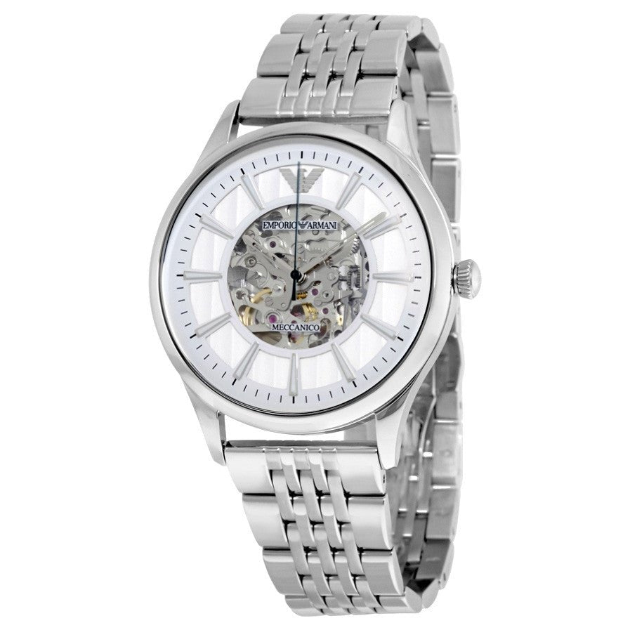 Emporio Armani Meccanico Silver Skeleton Dial Stainless Steel Watch For Men - AR1945 Watches Emporio Armani   