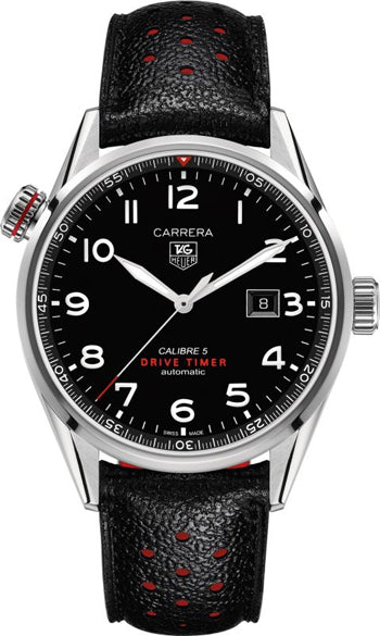 Tag Heuer Carrera Calibre 5 Drive Timer Black Dial Black Leather Strap Watch for Men - WAR2A10.FC6337 Watches Tag Heuer   