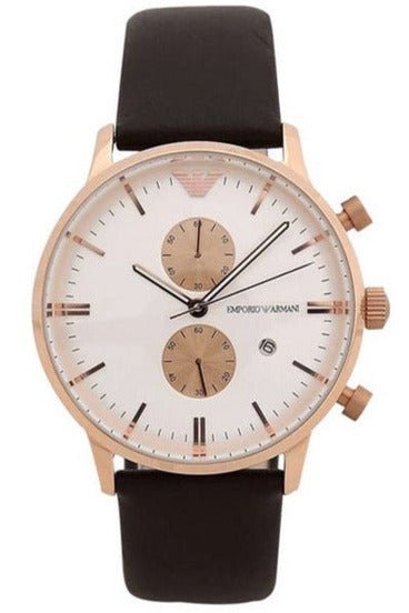 Emporio Armani Gianni Classic Chronograph White Dial Brown Leather Strap Watch For Men - AR0398 Watches Emporio Armani   