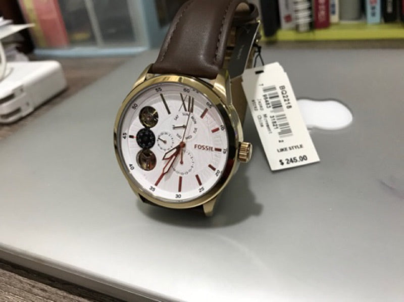 Fossil Flynn Twist Mechanical White Dial Brown Leather Strap Watch for Men - BQ2218 Watches Fossil   