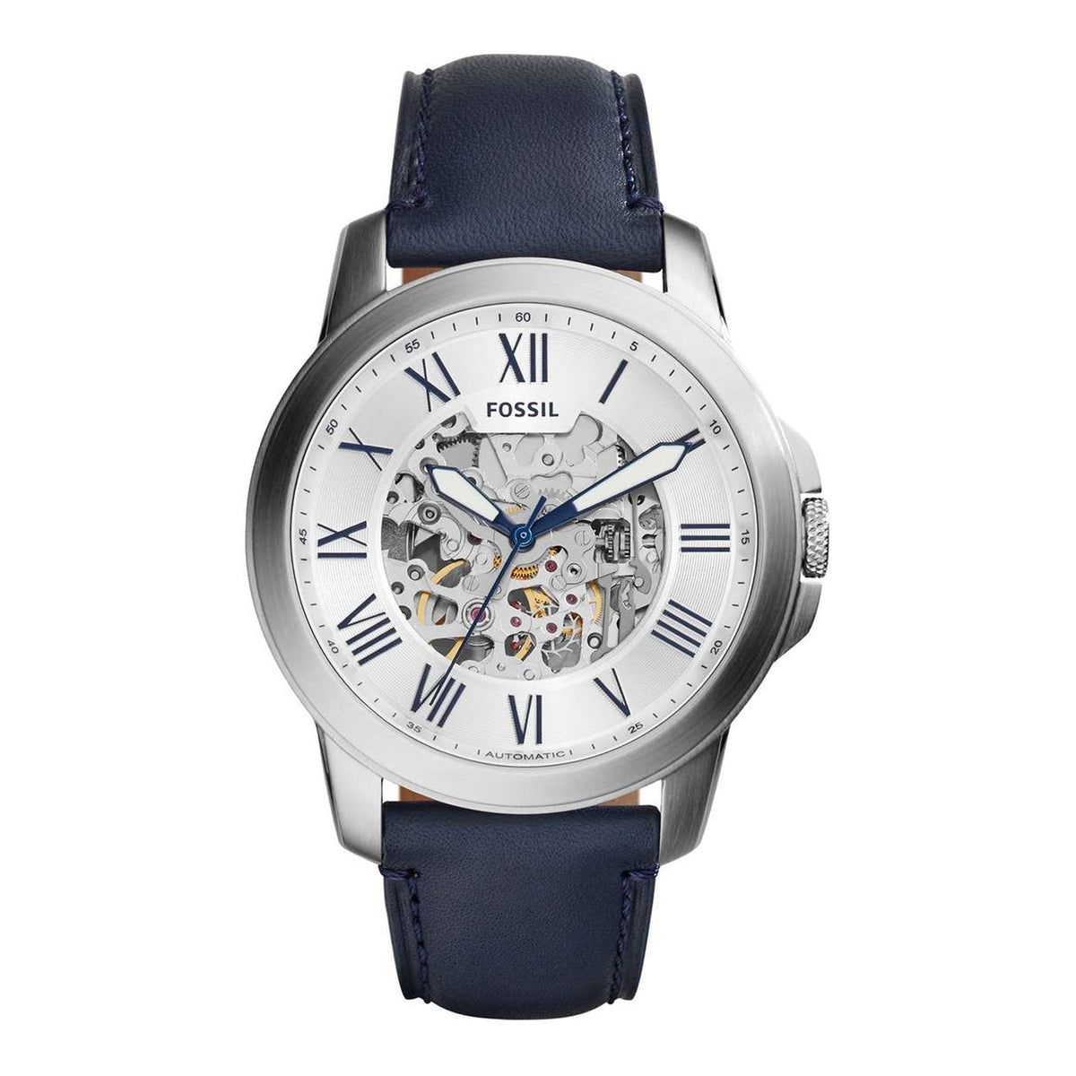 Fossil Grant Automatic Skeleton Silver Dial Blue Leather Strap Watch for Men - ME3111 Watches Fossil   