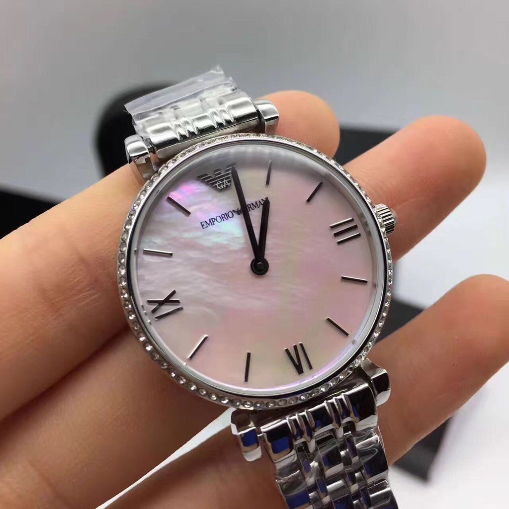 Emporio Armani Gianni T Bar Pink Mother of Pearl Dial Silver Stainless Steel Watch For Women - AR1779 Watches Emporio Armani   