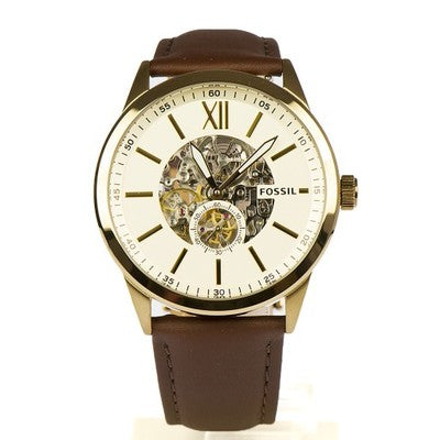 Fossil Flynn Mechanical Skeleton Champagne Dial Brown Leather Strap Watch for Men - BQ2215 Watches Fossil   