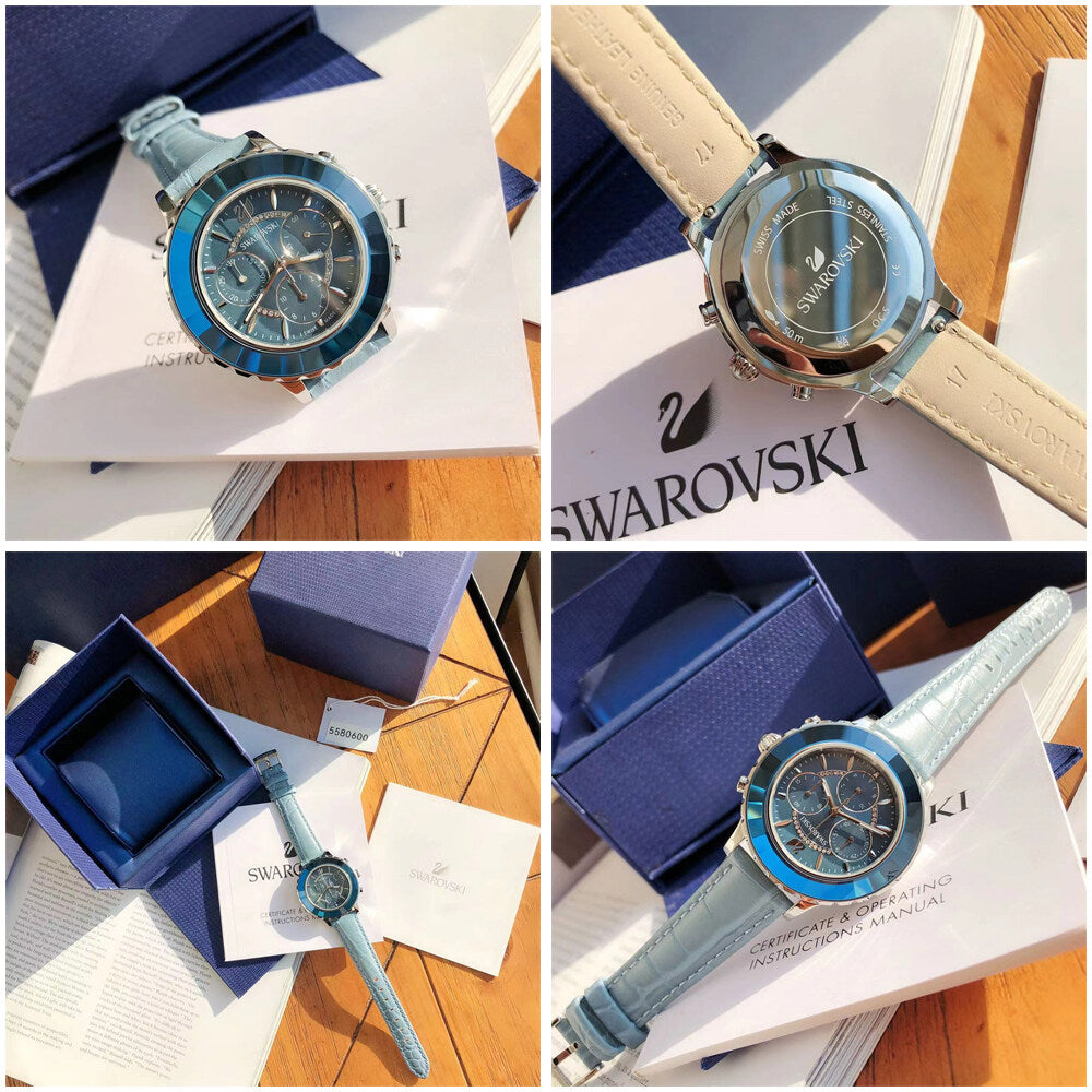 Swarovski Octea Lux Chrono Blue Dial Blue Leather Strap Watch for Women - 5580600 Watches Swarovski   