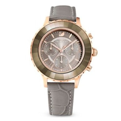 Swarovski Octea Lux Chrono Grey Dial Grey Leather Strap Watch for Women - 5452495 Watches Swarovski   