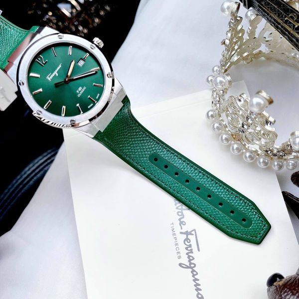 Salvatore Ferragamo F-80 Classic Green Dial Green Leather Strap Watch for Men - SFDT00519 Watches Salvatore Ferragamo   