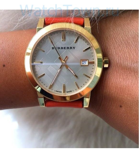 Burberry The City Gold Dial Orange Leather Strap Watch for Women - BU9016 Watches Burberry   