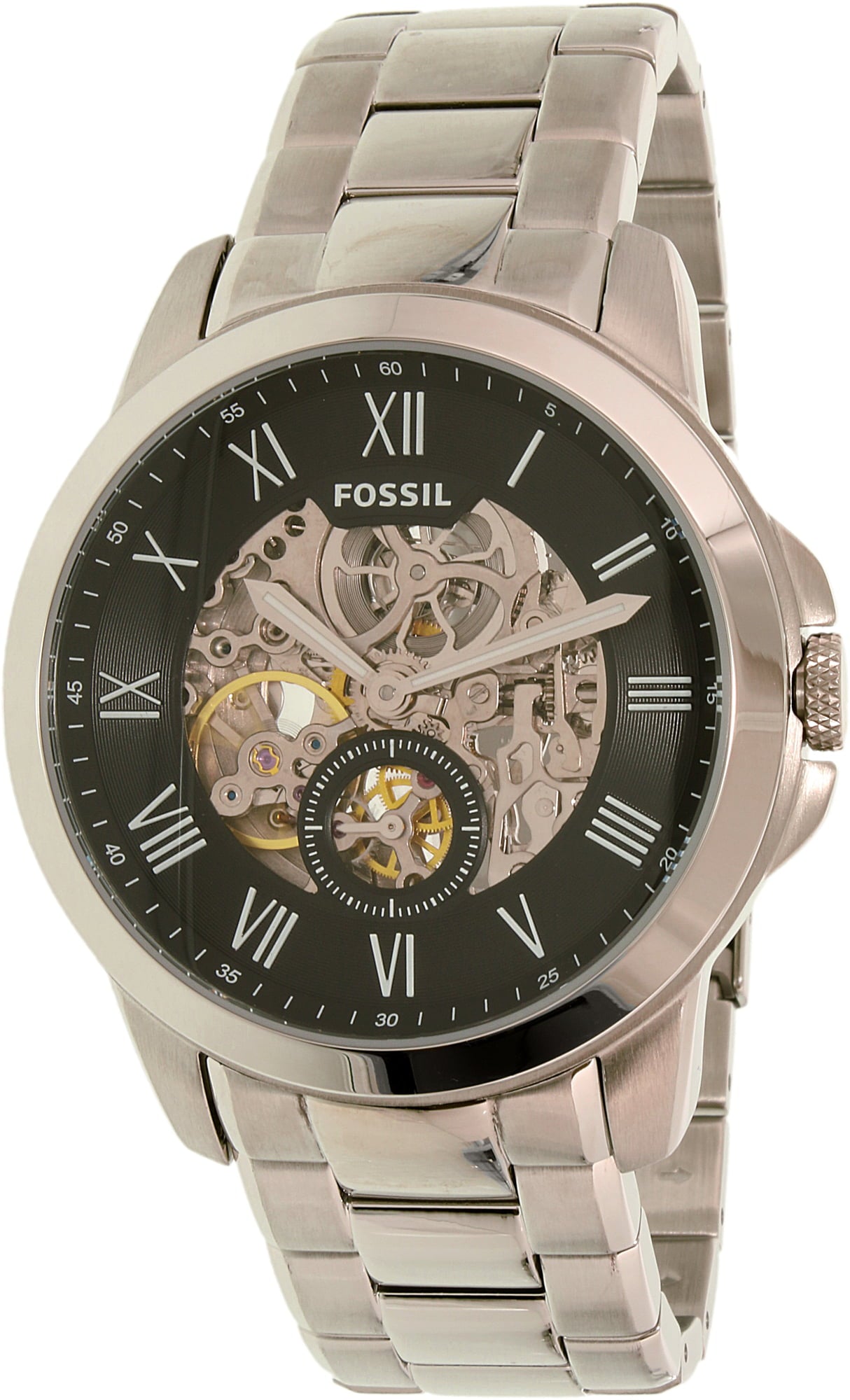 Fossil Grant Skeleton Black Dial Silver Steel Strap Watch for Men - ME3055 Watches Fossil   