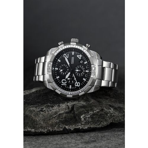 Fossil Bronson Chronograph Black Dial Silver Steel Strap Watch for Men - FS5710 Watches Fossil   