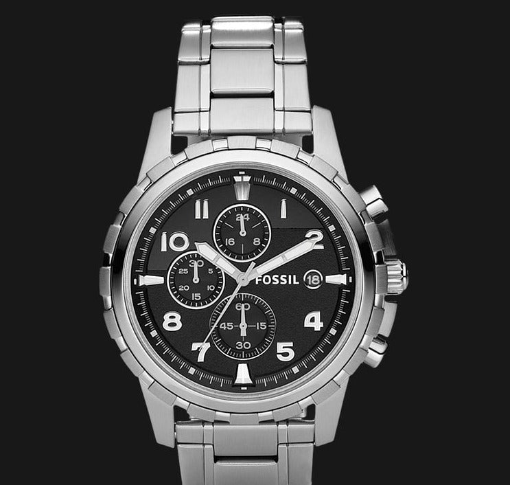 Fossil Dean Chronograph Black Dial Silver Steel Strap Watch for Men - FS4542 Watches Fossil   