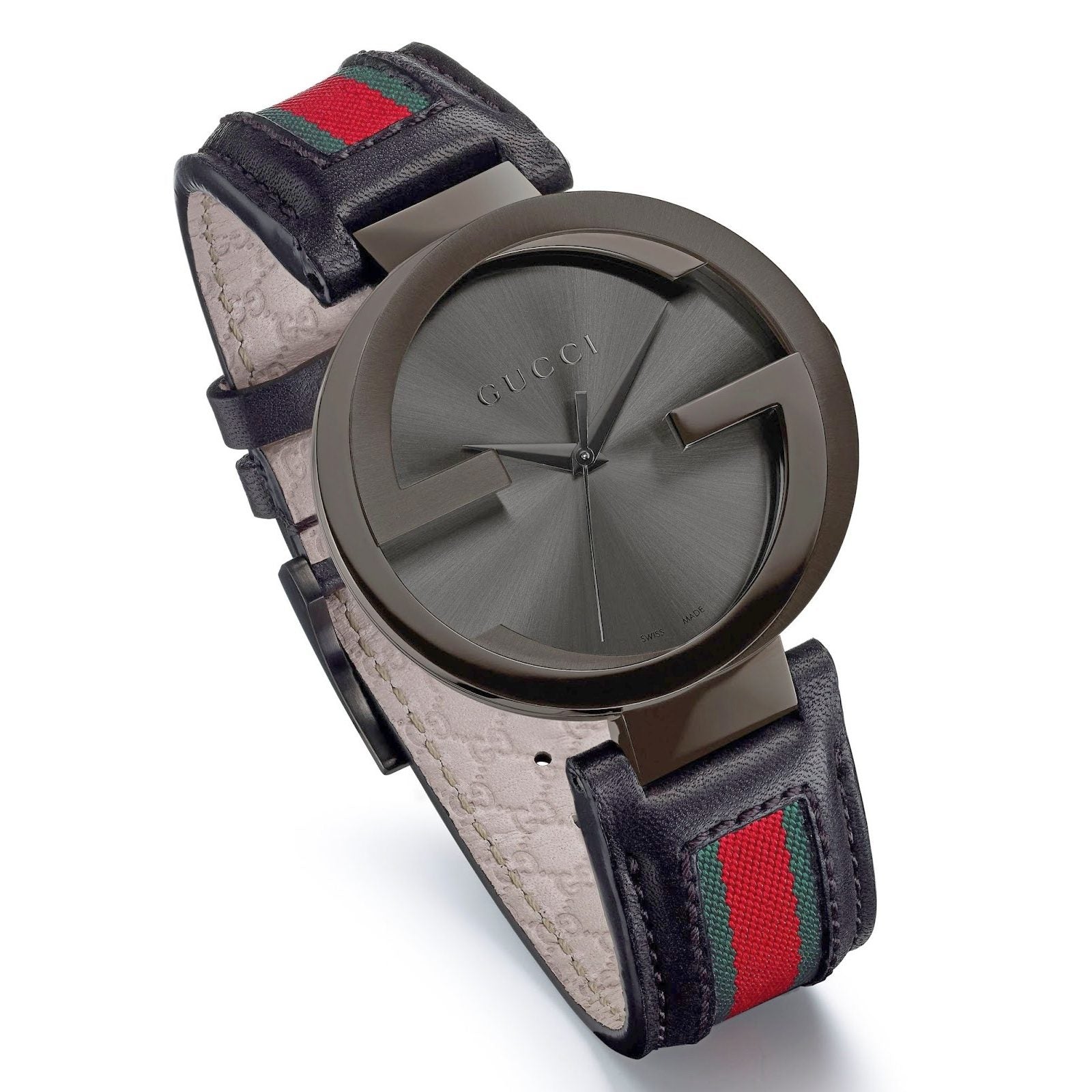 Gucci Interlocking XL Black Dial Red & Green Leather Strap Watch For Men - YA133206 Watches Gucci   