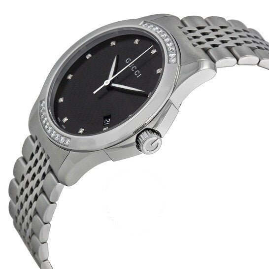 Gucci G Timeless Diamond Black Dial Silver Steel Strap Watch For Women - YA126408 Watches Gucci   