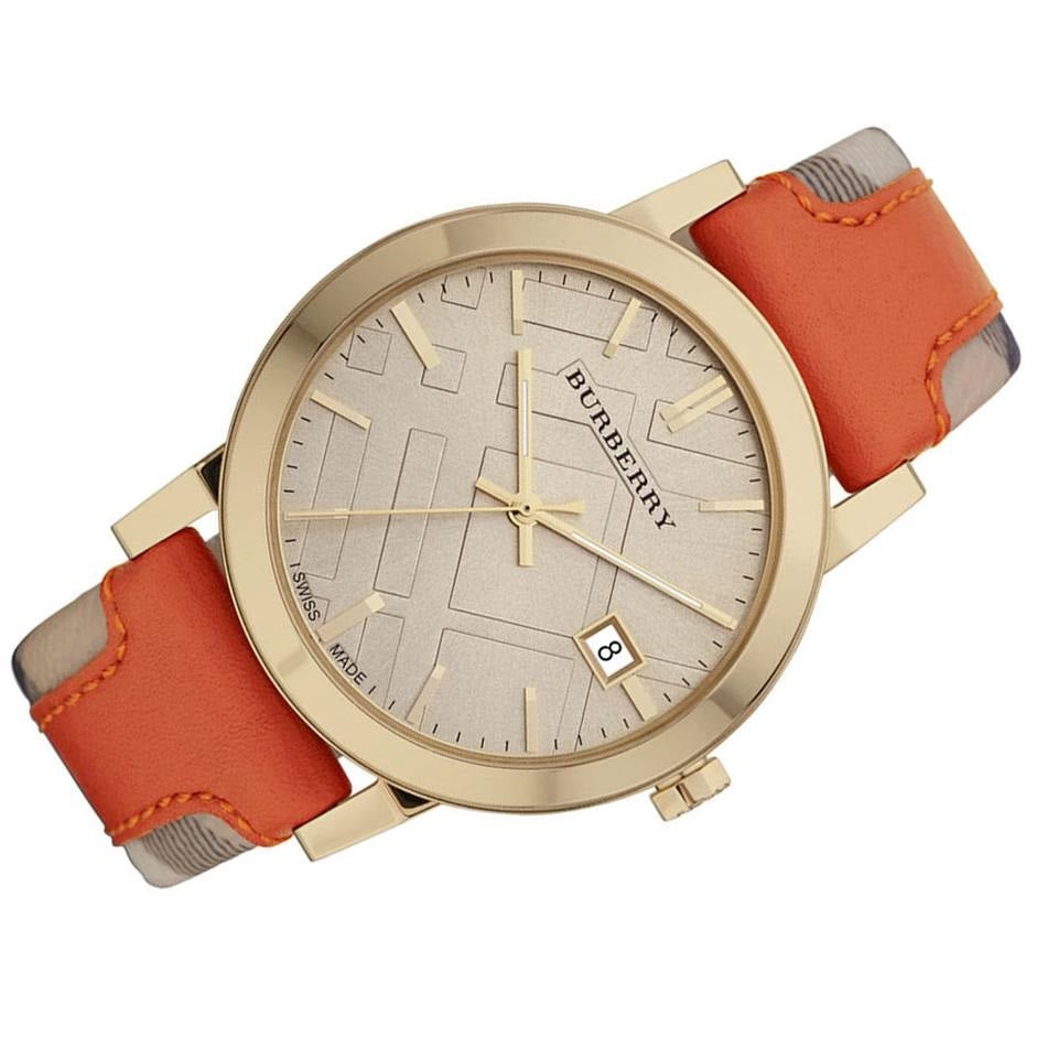 Burberry The City Gold Dial Orange Leather Strap Watch for Women - BU9016 Watches Burberry   