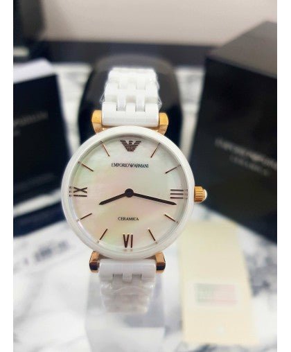 Emporio Armani Ceramica Mother of Pearl Dial White Ceramic Strap Watch For Women - AR1486 Watches Emporio Armani   