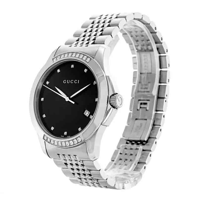 Gucci G Timeless Diamond Black Dial Silver Steel Strap Watch For Women - YA126408 Watches Gucci   