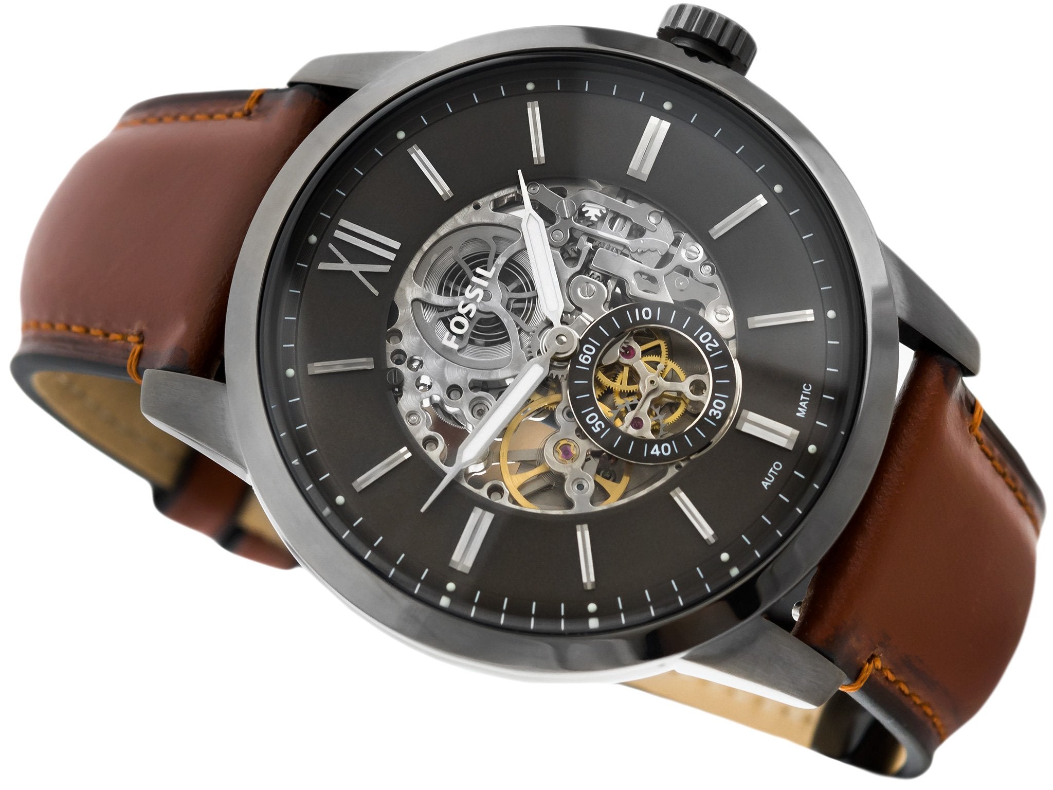 Fossil Townsman Automatic Skeleton Black Dial Brown Leather Strap Watch for Men - ME3181 Watches Fossil   