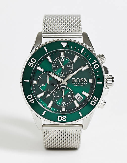 Hugo Boss Admiral Green Dial Silver Mesh Bracelet Watch for Men - 1513905 Watches Hugo Boss   