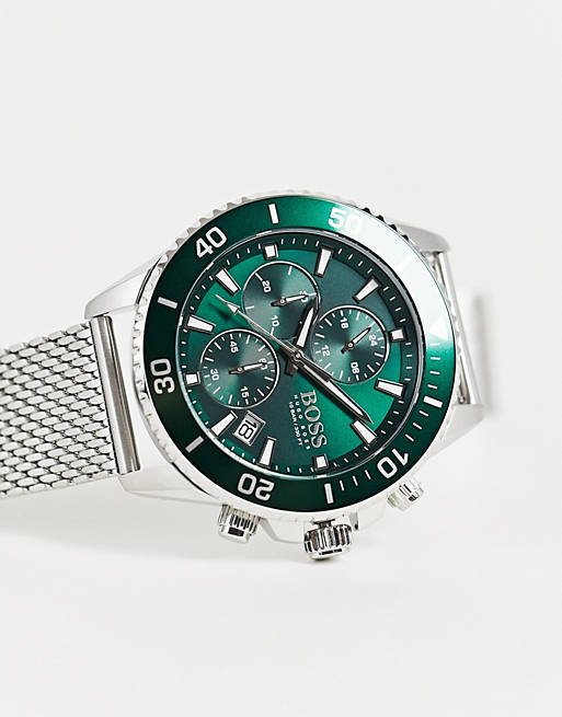 Hugo Boss Admiral Green Dial Silver Mesh Bracelet Watch for Men - 1513905 Watches Hugo Boss   