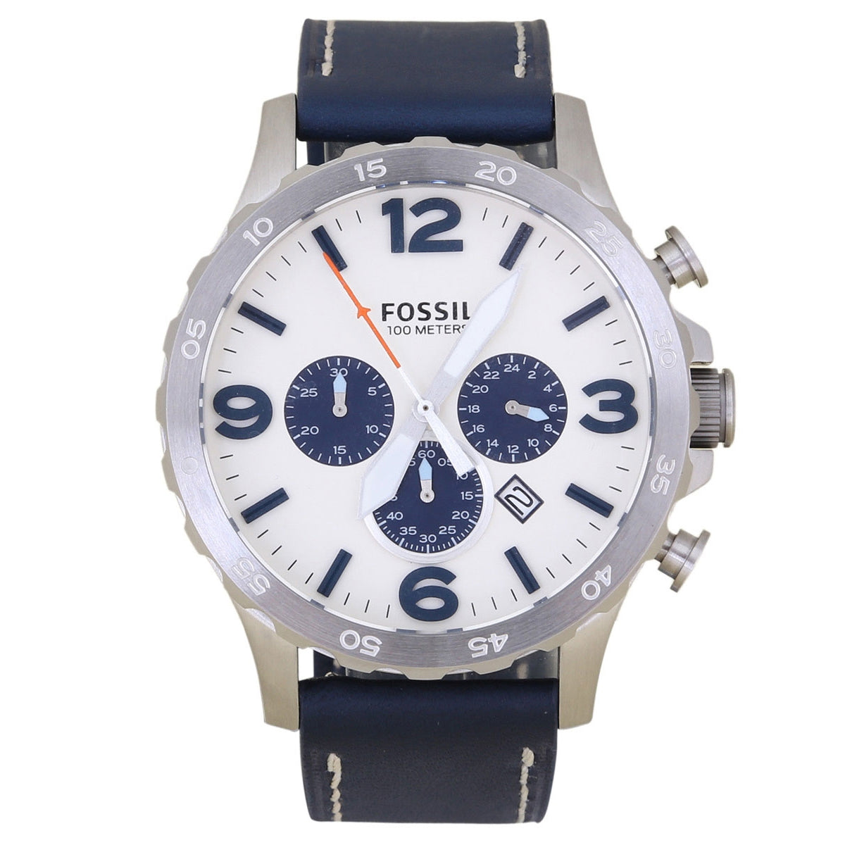 Fossil Nate Chronograph White Dial Blue Leather Strap Watch for Men - JR1480 Watches Fossil   