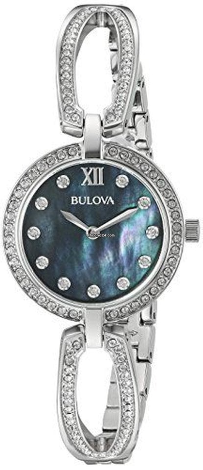 Bulova Crystal Black Mother of Pearl Dial Silver Steel Strap Watch for Women - 96L224 Watches Bulova   