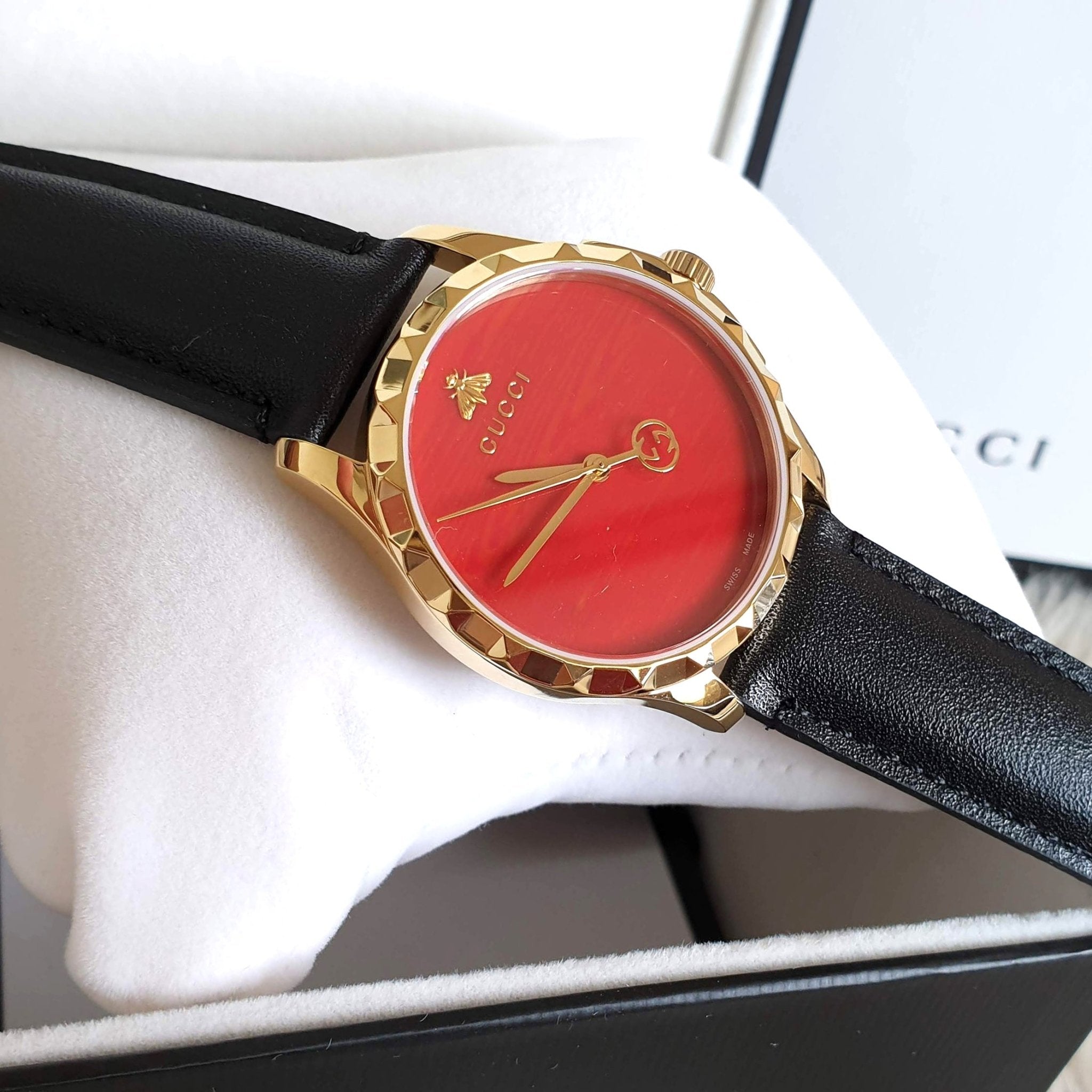 Gucci G Timeless Coral Red Dial Black Leather Strap Watch For Men - YA126464 Watches Gucci   