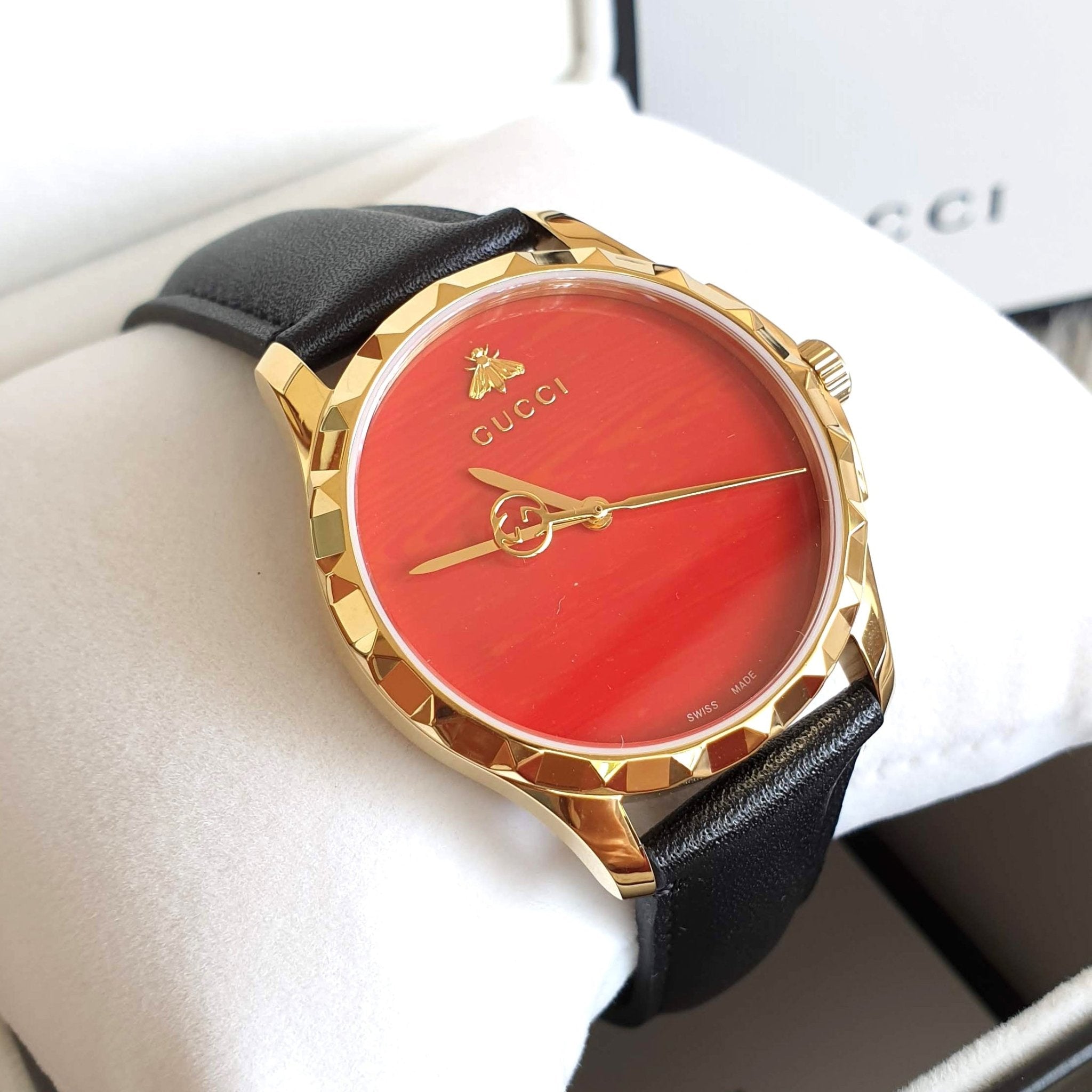 Gucci G Timeless Coral Red Dial Black Leather Strap Watch For Men - YA126464 Watches Gucci   