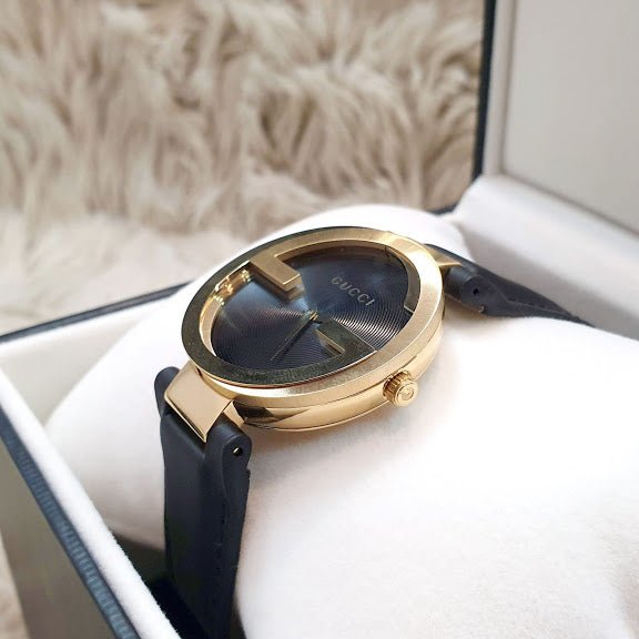 Gucci Interlocking G Gold Black Dial Black Leather Strap Unisex Watch - YA133326 Watches Gucci   