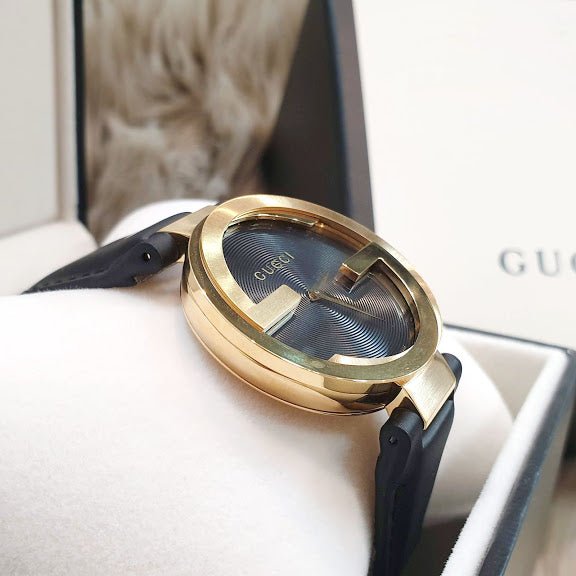 Gucci Interlocking G Gold Black Dial Black Leather Strap Unisex Watch - YA133326 Watches Gucci   