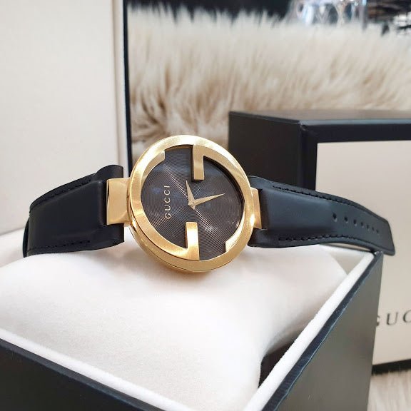 Gucci Interlocking G Gold Black Dial Black Leather Strap Unisex Watch - YA133326 Watches Gucci   