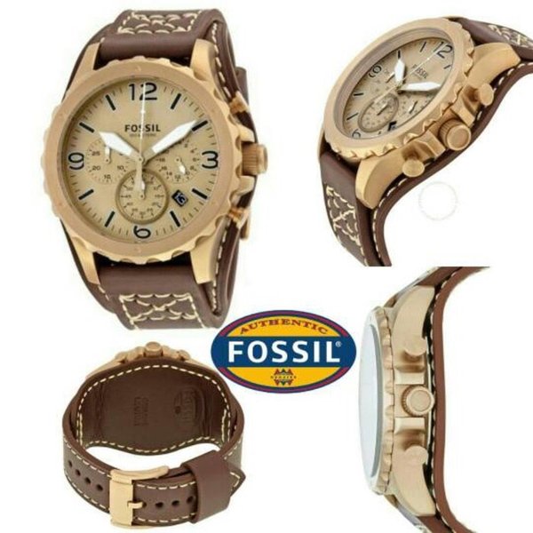 Fossil Nate Chronograph Gold Dial Brown Leather Strap Watch for Men - JR1495 Watches Fossil   