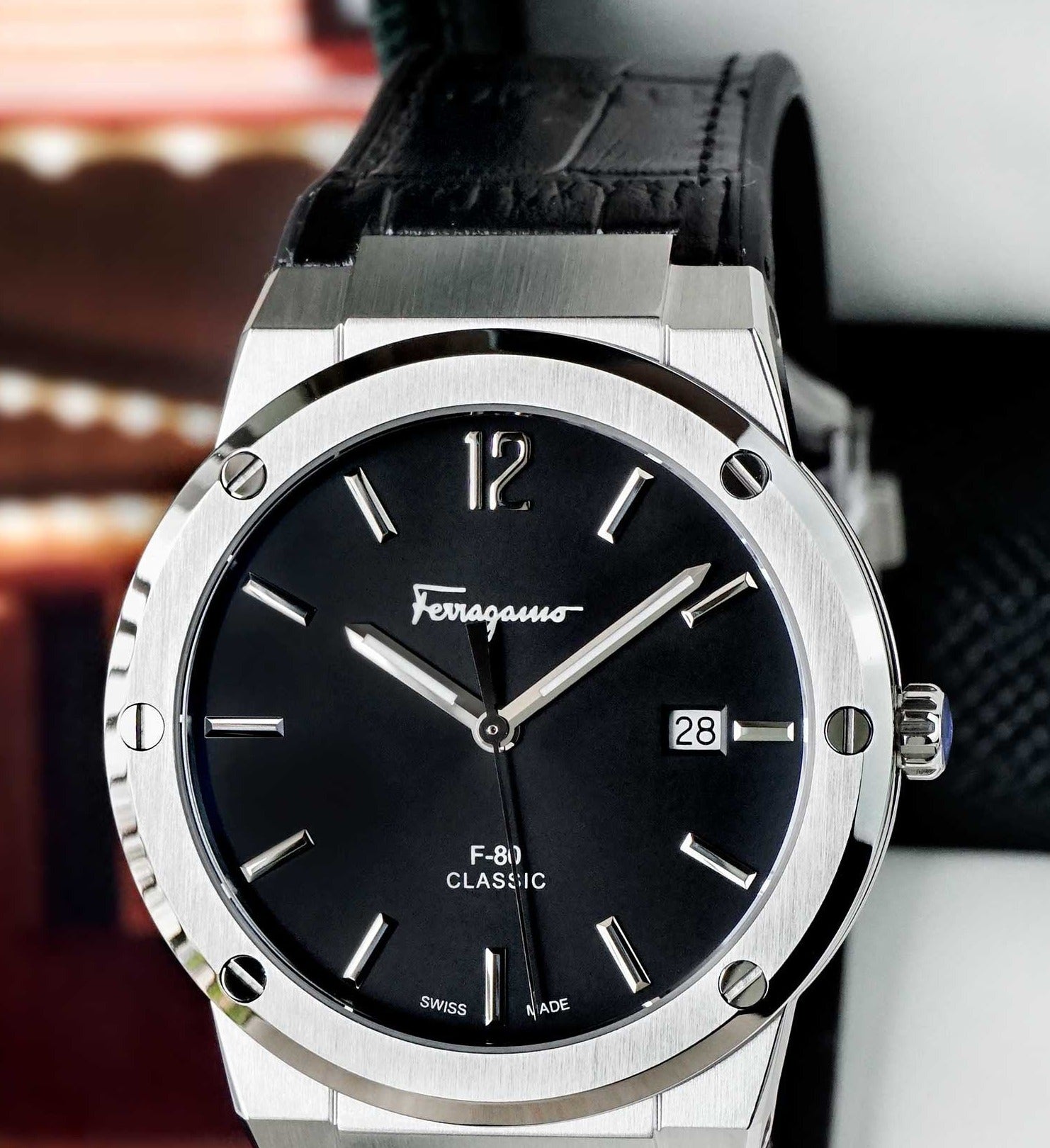 Salvatore Ferragamo F-80 Classic Black Dial Black Leather Strap  Watch for Men - SFDT00219 Watches Salvatore Ferragamo   