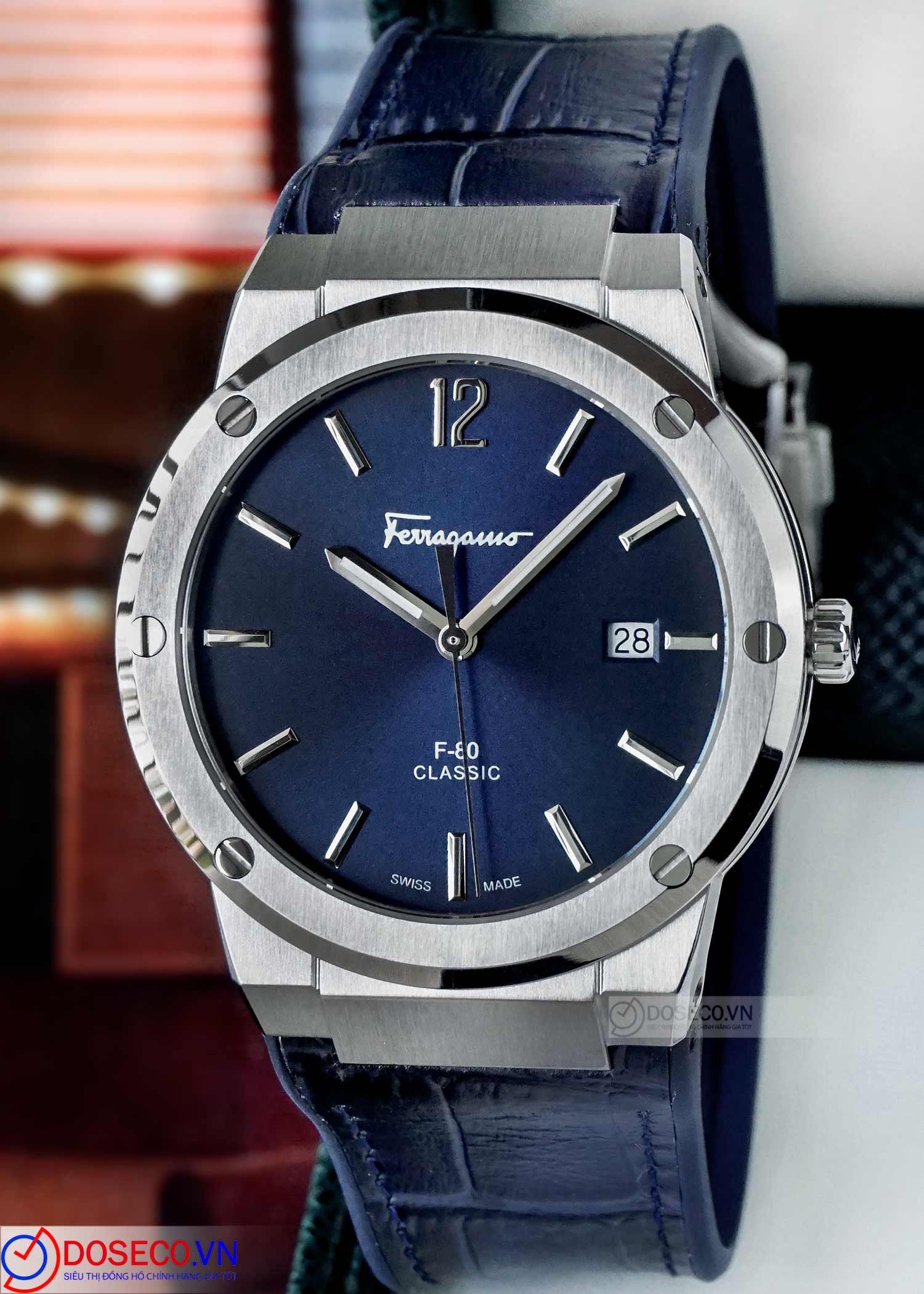 Salvatore Ferragamo F-80 Classic Blue Dial Blue Leather Strap Watch for Men - SFDT00319 Watches Salvatore Ferragamo   