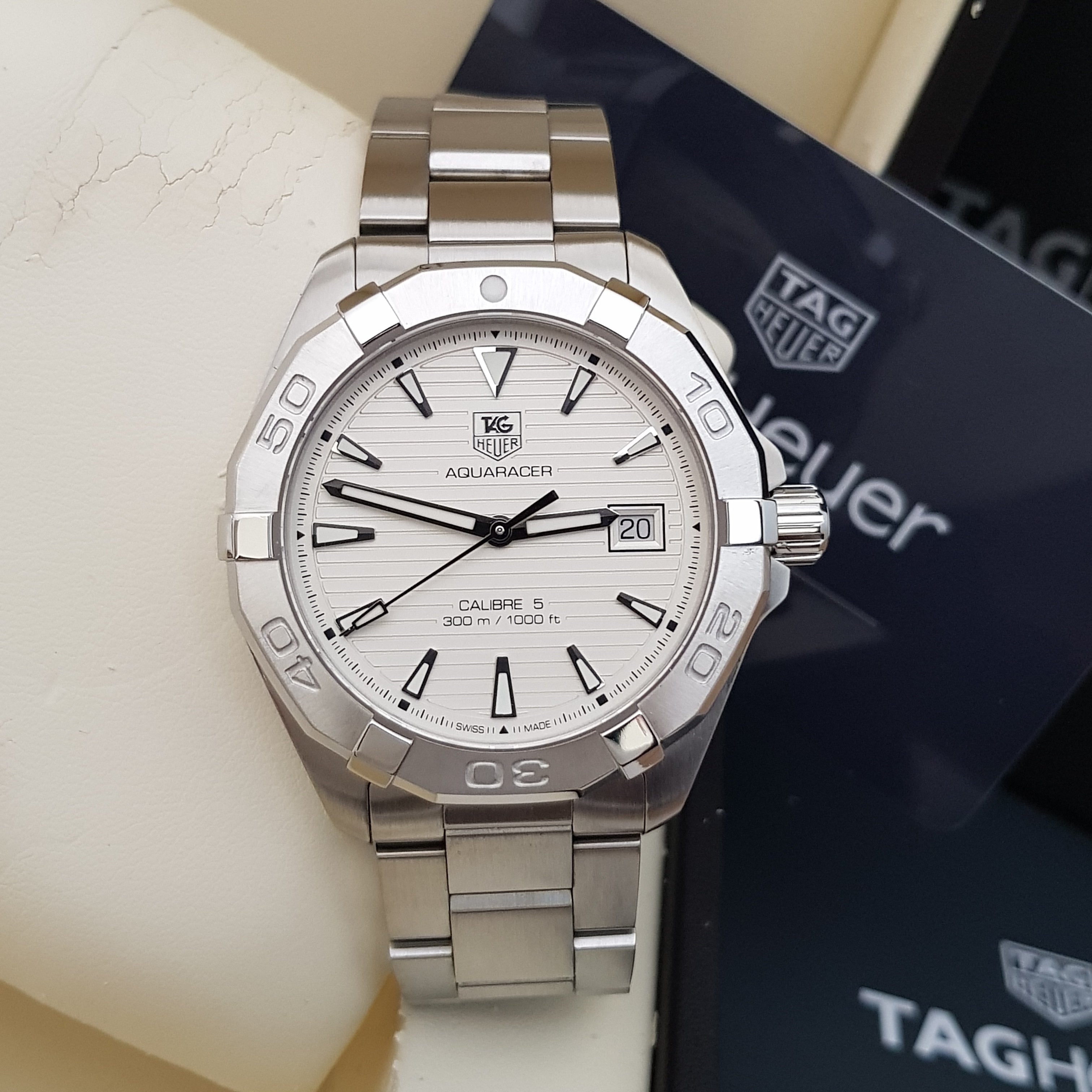 Tag Heuer Aquaracer Automatic 41mm White Dial Silver Steel Strap Watch for Men - WAY2111.BA0928 Watches Tag Heuer   