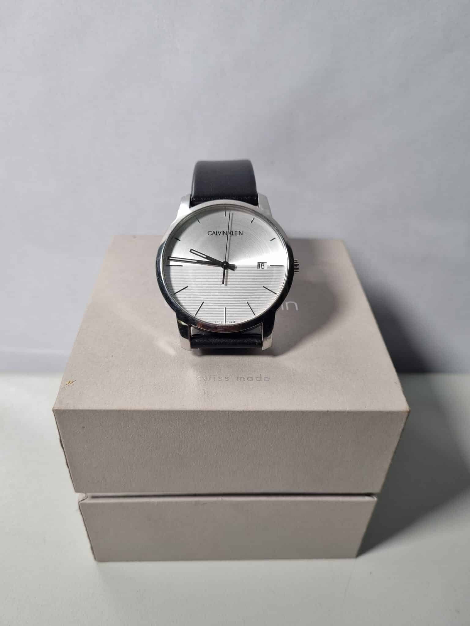 Calvin Klein City White Dial Black Leather Strap Watch for Men - K2G2G1CD Watches Calvin Klein   