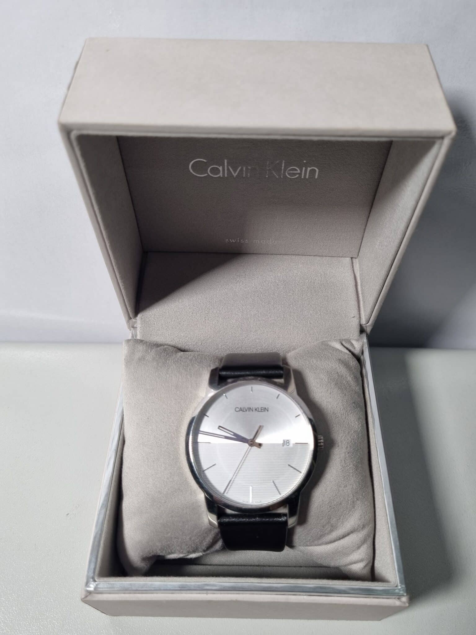 Calvin Klein City White Dial Black Leather Strap Watch for Men - K2G2G1CD Watches Calvin Klein   