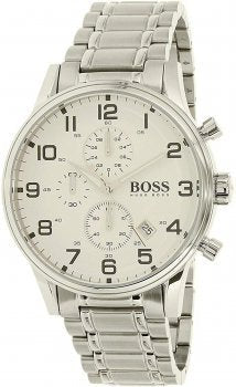 Hugo Boss Aeroliner Chronograph White Dial Silver Steel Strap Watch for Men - 1513182 Watches Hugo Boss   