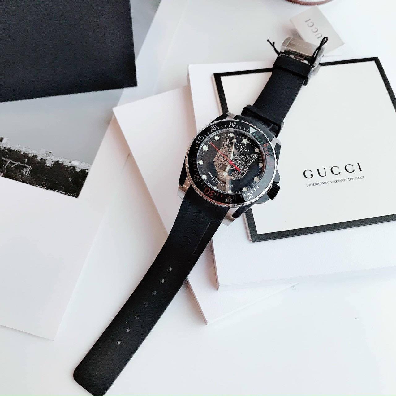 Gucci Dive Feline Black Dial Black Rubber Strap Watch For Men - YA136320 Watches Gucci   