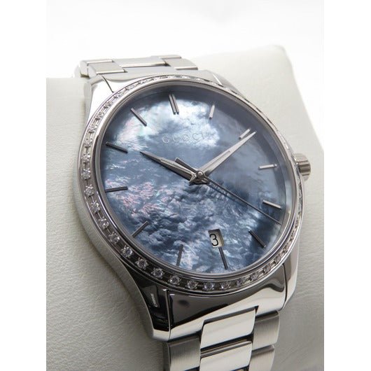 Gucci G Timeless Diamonds Mother of Pearl Blue Dial Silver Steel Strap Unisex Watch - YA126458 Watches Gucci   