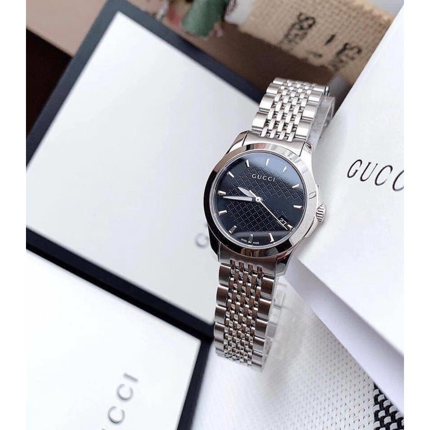 Gucci G Timeless Black Dial Silver Steel Strap Watch For Women - YA126502 Watches Gucci   