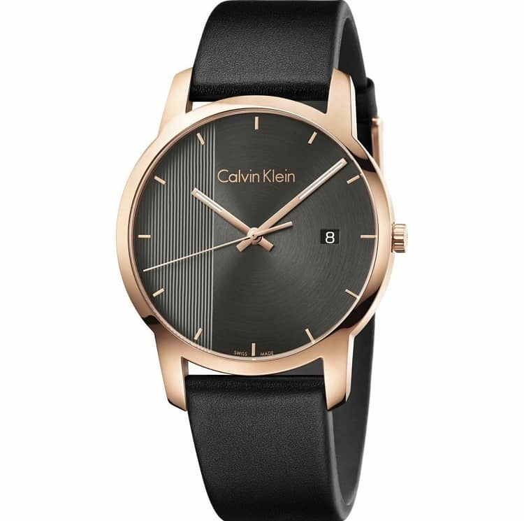 Calvin Klein City Quartz Grey Dial Black Leather Strap Watch for Men - K2G2G6C3 Watches Calvin Klein   