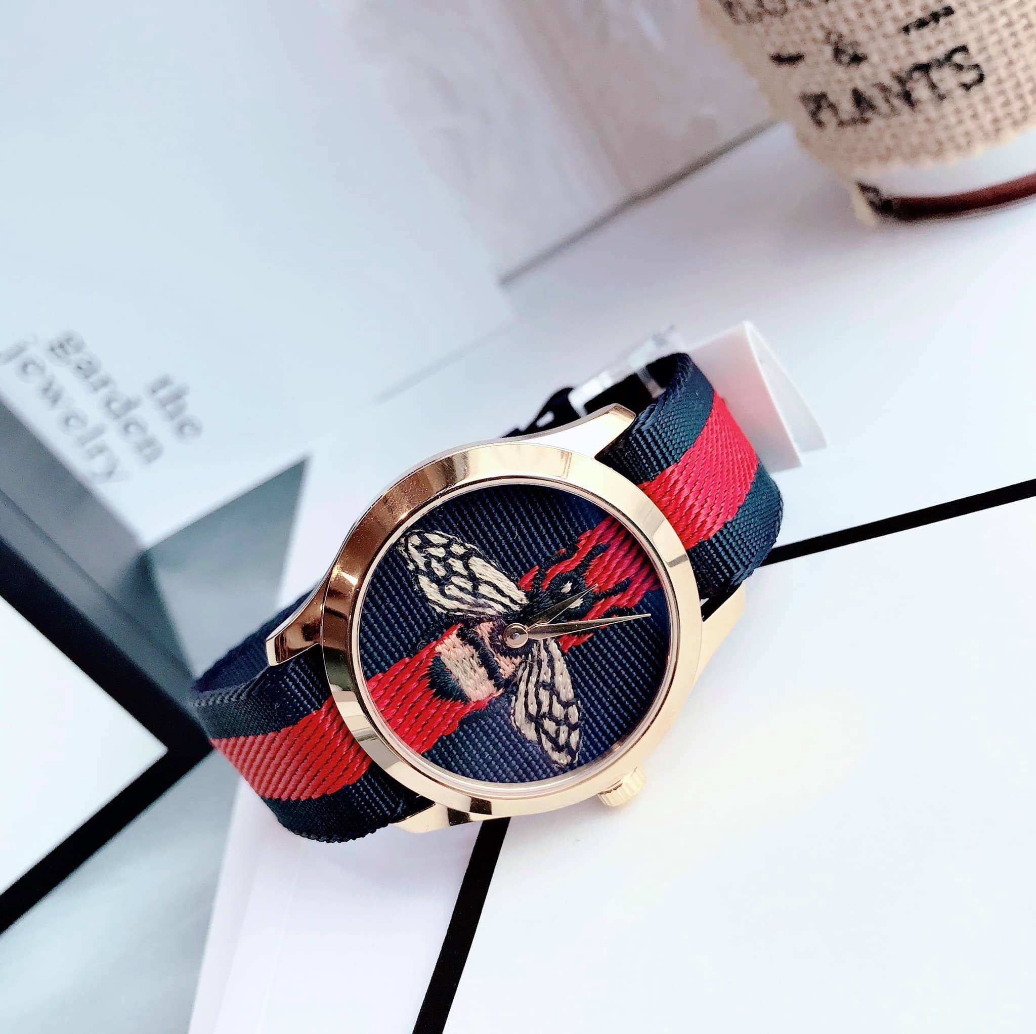 Gucci G Timeless Bee Red & Blue Dial Red Two Tone Nylon Strap Watch For Men - YA1264061 Watches Gucci   